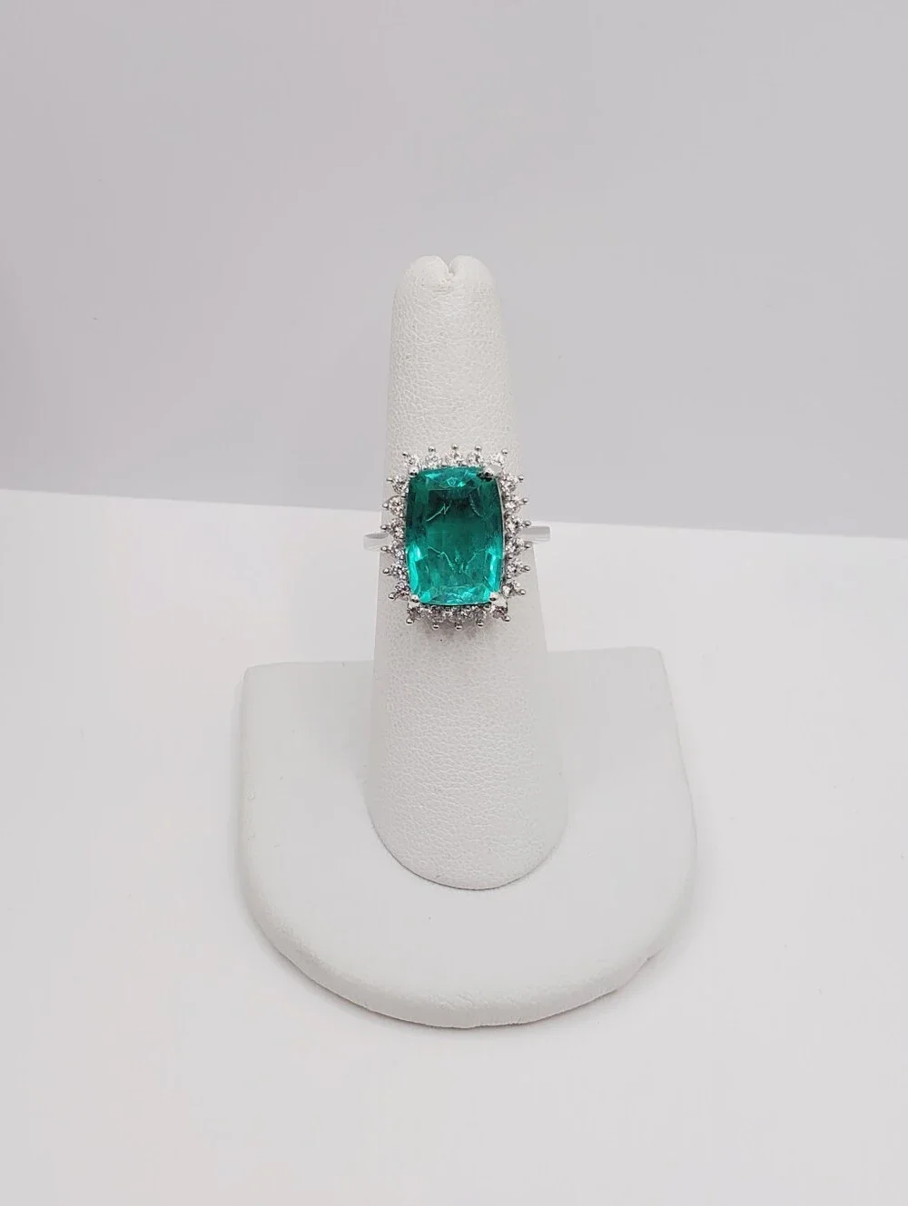 Emerald Green Quartz & White Zircon Halo Ring - Platinum - 925 Sterling Silver